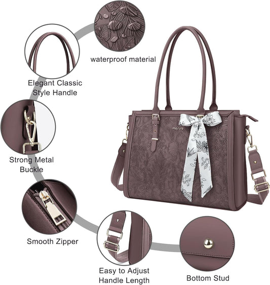 MOSISO Laptop Bag for Women, 15.6-16 inch PU Leathe Tote Bag Compatible with MacBook, HP, Dell, Asus Notebook, Front Embossed Retro Hibiscus Computer Bag with Silk Scarf&Clutch Purse, Slate Purple iMosiso