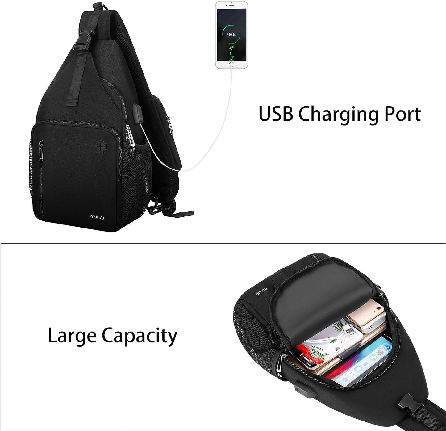 MOSISO Sling Backpack Bag, Crossbody Shoulder Bag Travel Hiking Daypack Chest Bag with Front Square Pocket&USB Charging Port,Black iMosiso