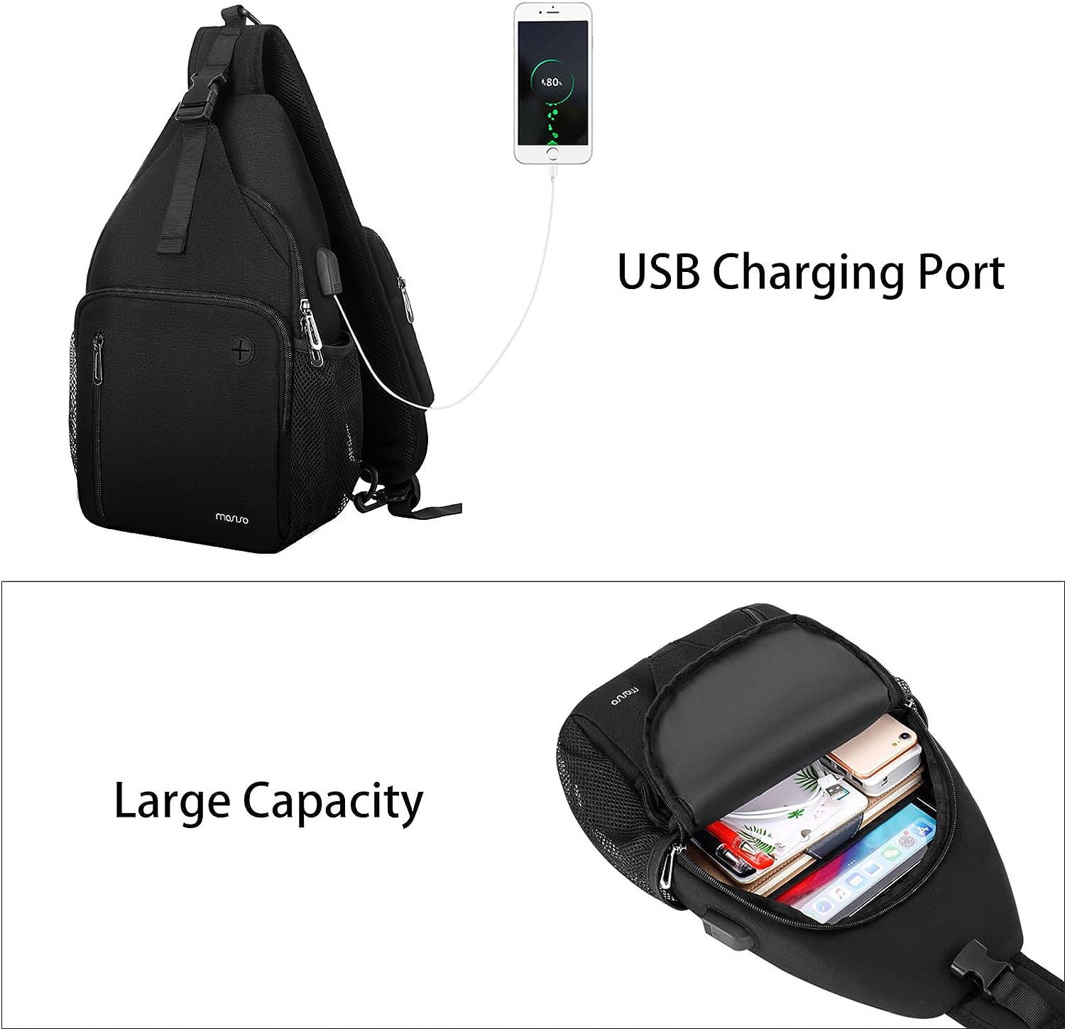 MOSISO Sling Backpack Bag, Crossbody Shoulder Bag Travel Hiking Daypack Chest Bag with Front Square Pocket&USB Charging Port,Black iMosiso