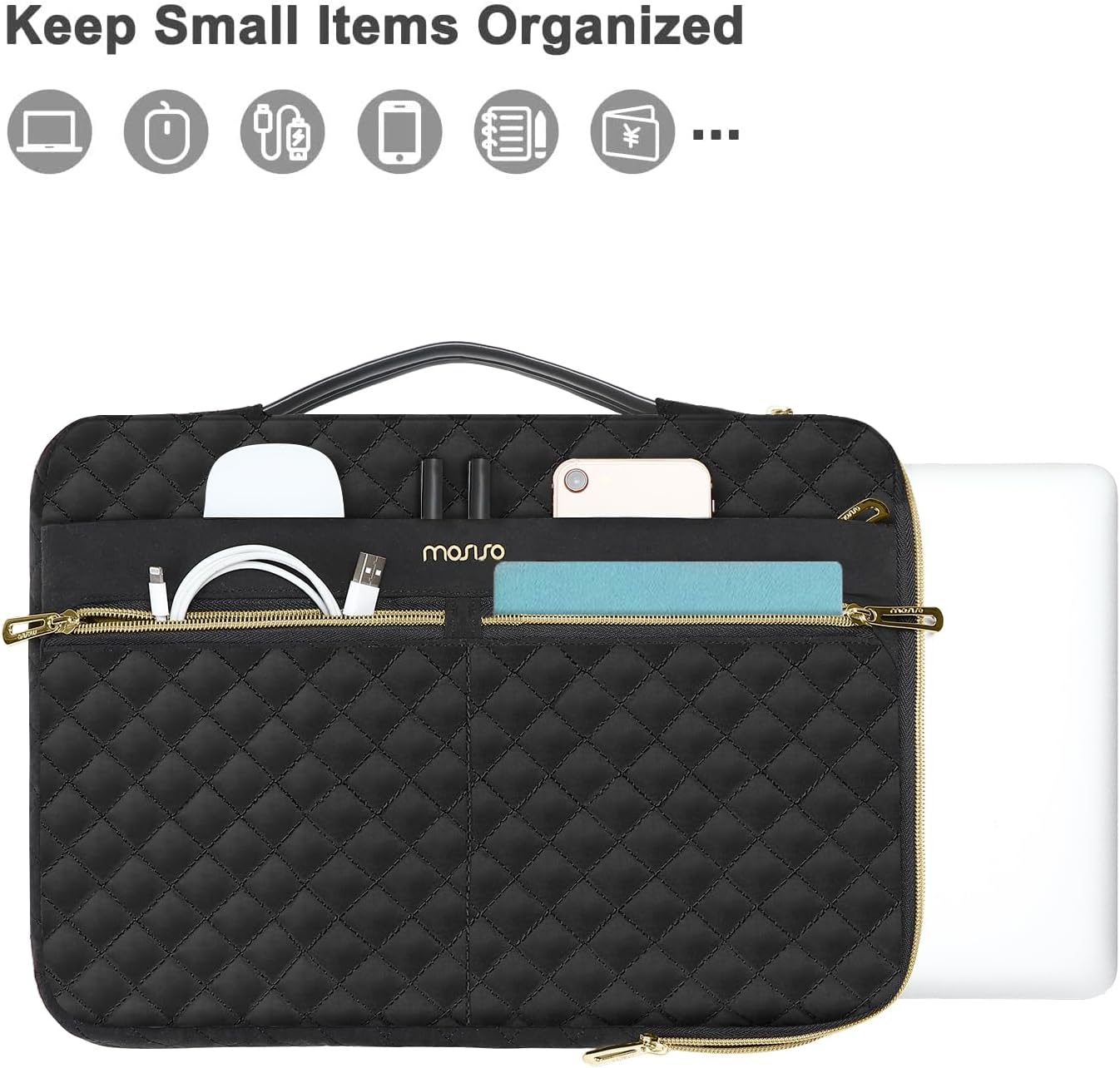 MOSISO 360 Protective 13-14 inch Laptop Sleeve Compatible with MacBook Air/Pro, 13-13.3 inch Notebook, Compatible with MacBook Pro 14, Square Quilted Side Open Bag with 3 Pockets&Handle&Belt, Black iMosiso