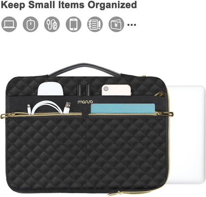 MOSISO 360 Protective 13-14 inch Laptop Sleeve Compatible with MacBook Air/Pro, 13-13.3 inch Notebook, Compatible with MacBook Pro 14, Square Quilted Side Open Bag with 3 Pockets&Handle&Belt, Black iMosiso