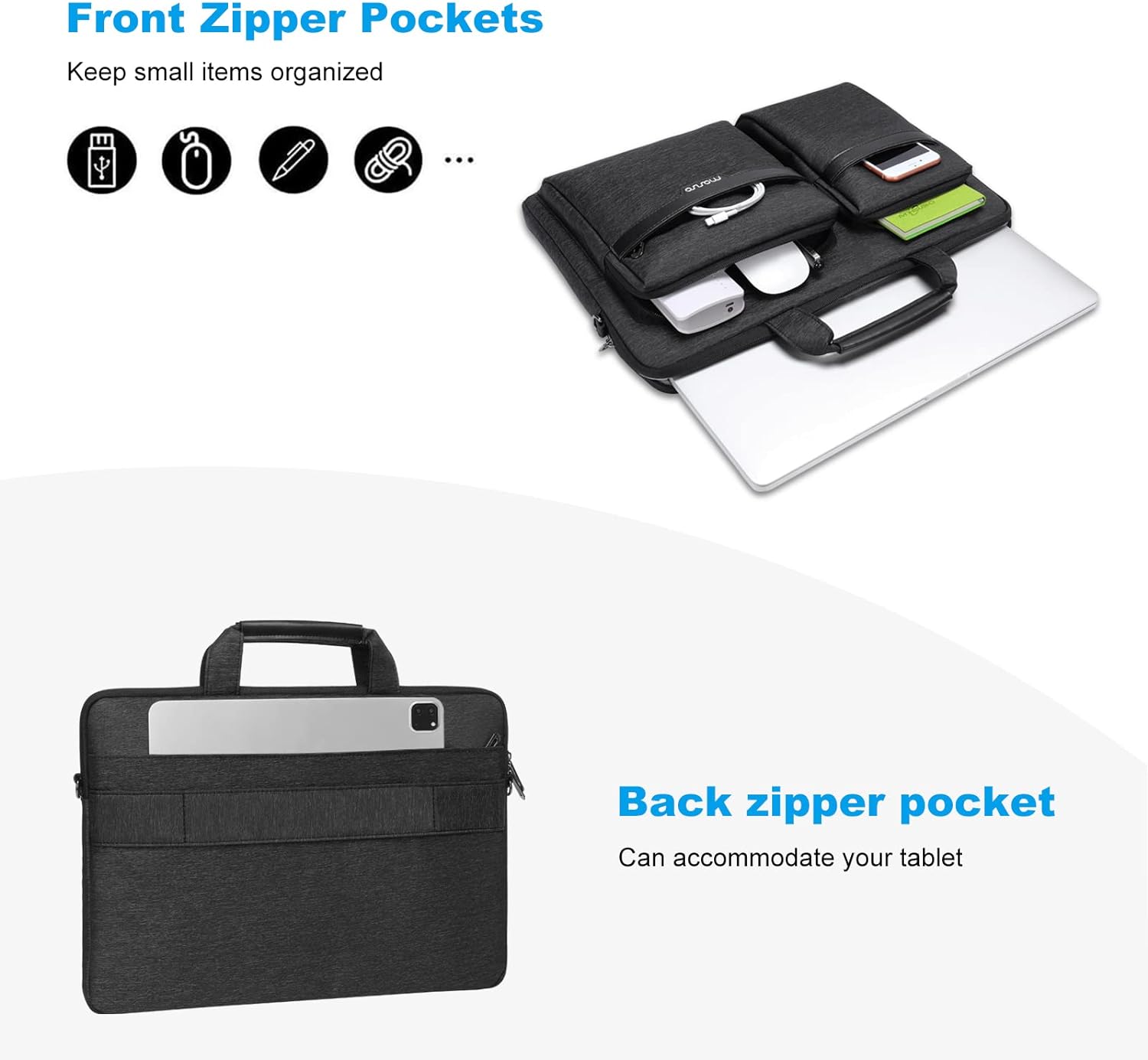 MOSISO Laptop Shoulder Bag,15 inch Computer Bag Compatible with MacBook, HP, Dell, Lenovo, Asus Notebook,15.6 inch Laptop Sleeve Bag with 2 Raised Zipper Pockets & Hidden Pockets & Handle & Belt,Black iMosiso