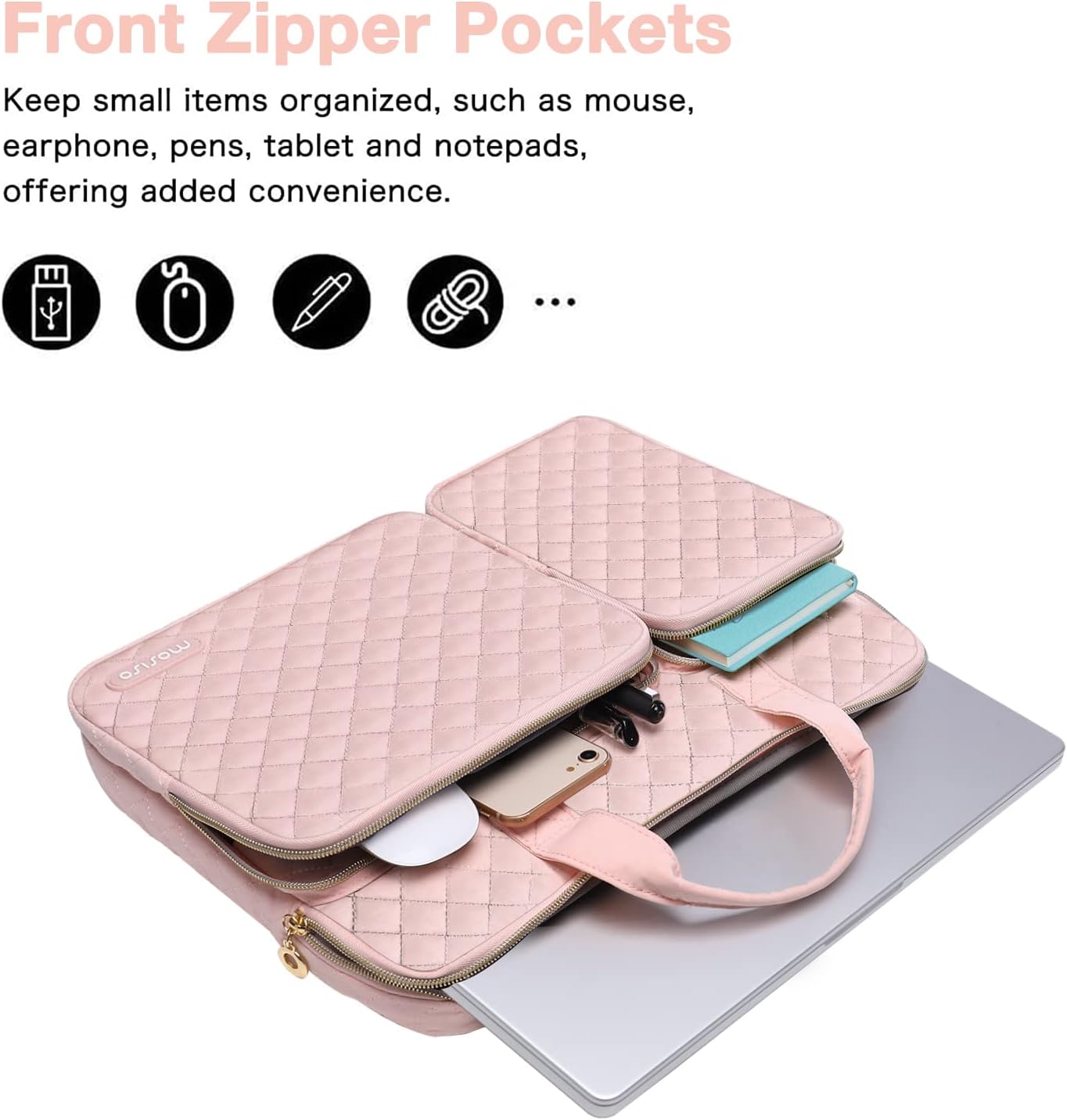 MOSISO 360 Protective Laptop Sleeve Compatible with MacBook Air/Pro, 13-13.3 inch Notebook,Compatible with MacBook Pro 14 inch 2023-2021 M2 M1, Square Quilted Bag with 2 Pockets&Handle&Belt,Chalk Pink iMosiso