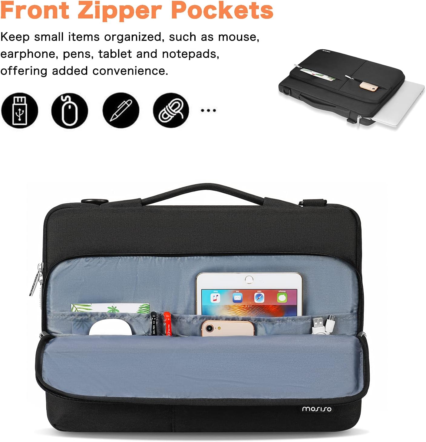 MOSISO 360 Protective Laptop Shoulder Bag Compatible with MacBook Air 15 M2 A2941 2023/Pro 16 A2780 A2485 A2141, 15-15.6 inch Notebook with Belt & 1 Raised and 2 Horizontal Parallel Pockets, Black iMosiso