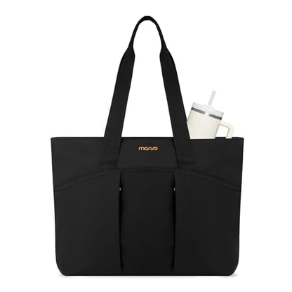 MOSISO Canvas Beach Tote Bags, Large Capacity Canvas Laptop Tote Bag, Carrying Large Beach Pool Bag Laptop Compartment & Back Belt for Travel, Work, Teacher, Gym, Nursing, College, Black