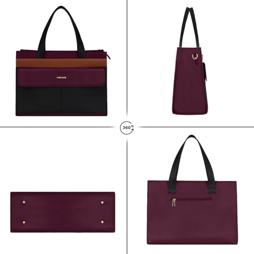 MOSISO Laptop Tote Bag, 15.6 inch PU Leather Tote for Women Professional Handbag with Flapover Pocket&Clutch Purse, Waterproof Shoulder Computer Bag Work Briefcase for Business Office, Plum