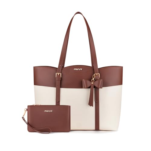 MOSISO Laptop Tote Bag for Women,15.6 inch PU Leather Arc-shaped Pocket Tote Bag&Clutch Purse,Large Capacity Work Handbag with Bowknot,Waterproof Computer Bags Work Briefcase for Business Office,Brown