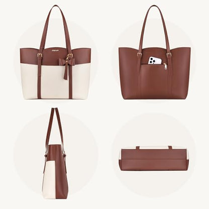 MOSISO Laptop Tote Bag for Women,15.6 inch PU Leather Arc-shaped Pocket Tote Bag&Clutch Purse,Large Capacity Work Handbag with Bowknot,Waterproof Computer Bags Work Briefcase for Business Office,Brown