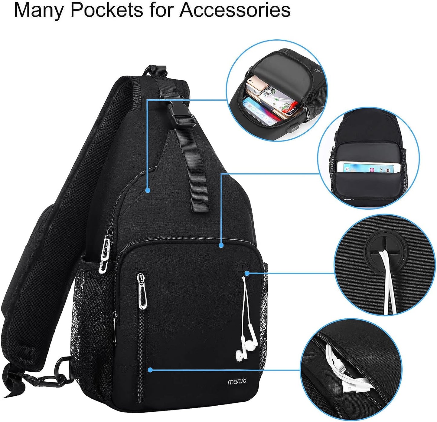 MOSISO Sling Backpack Bag, Crossbody Shoulder Bag Travel Hiking Daypack Chest Bag with Front Square Pocket&USB Charging Port,Black iMosiso