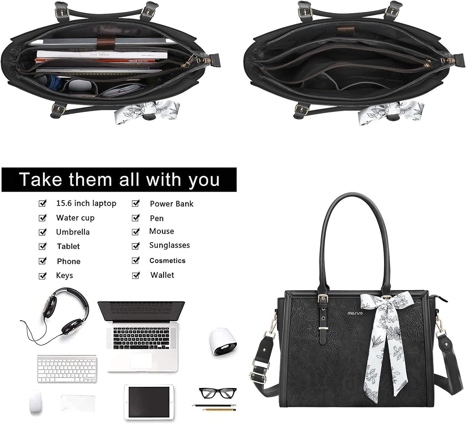 MOSISO Laptop Bag for Women, 15.6-16 inch PU Leathe Tote Bag Compatible with MacBook, HP, Dell, Asus Notebook, Front Embossed Retro Hibiscus Computer Bag with Silk Scarf&Clutch Purse, Black iMosiso