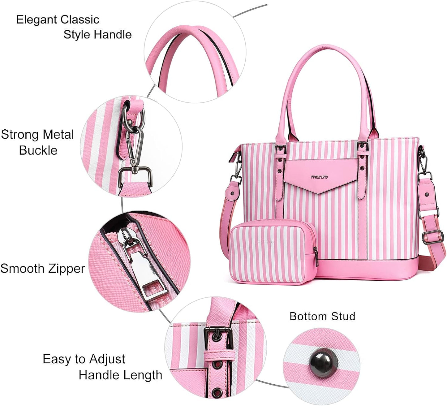 MOSISO Laptop Tote Bag for Women Compatible with MacBook, 17-17.3 inch Notebook and Chromebook, Waterproof Vertical Stripe PU Leather Travel Computer Bag with Envelope Pocket & Small Purse, Pink iMosiso