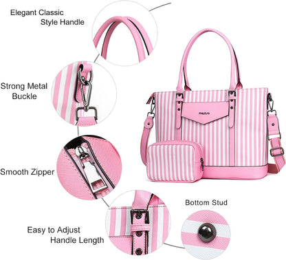 MOSISO Laptop Tote Bag for Women Compatible with MacBook, 17-17.3 inch Notebook and Chromebook, Waterproof Vertical Stripe PU Leather Travel Computer Bag with Envelope Pocket & Small Purse, Pink iMosiso