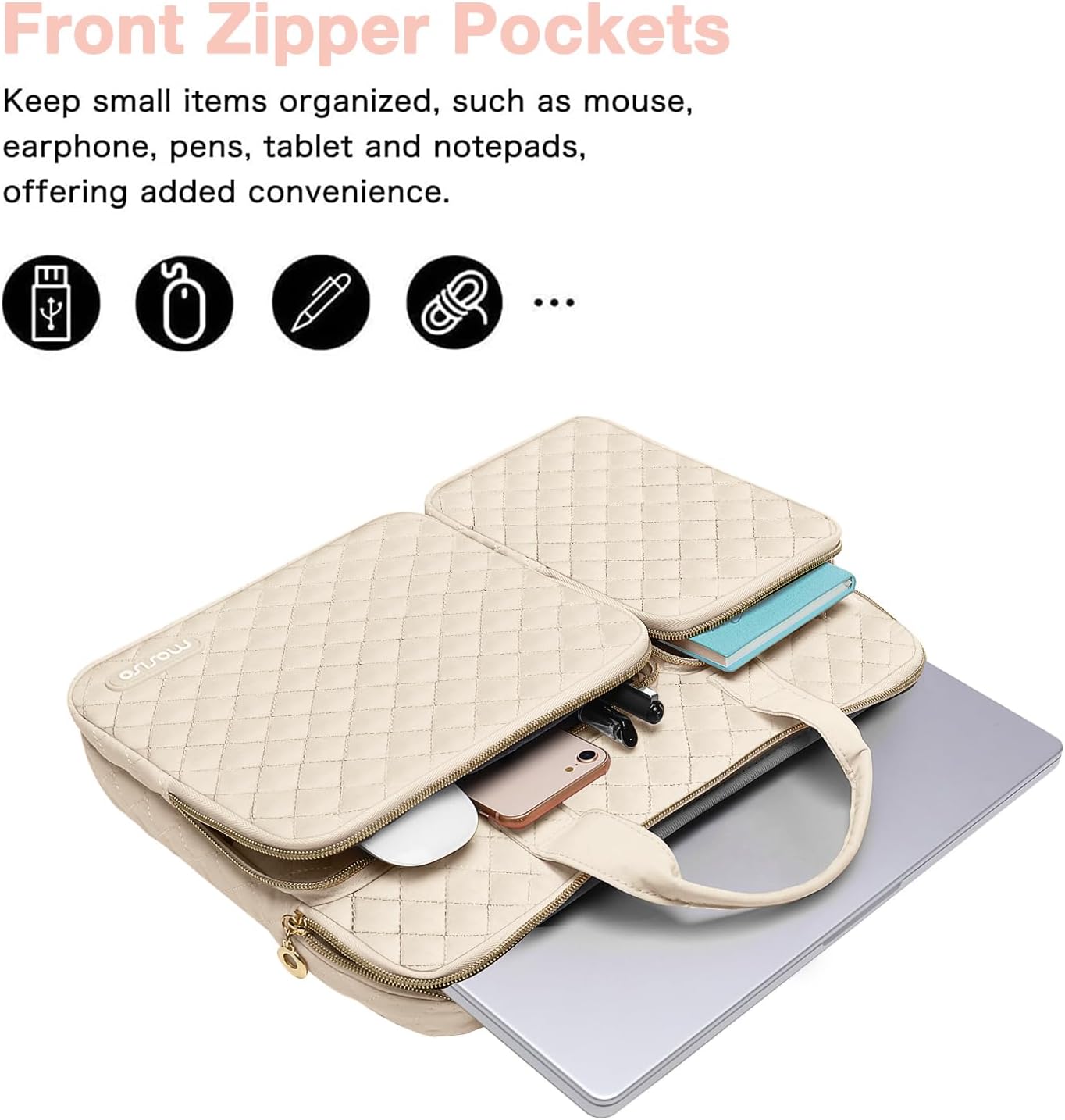 MOSISO 360 Protective Laptop Sleeve Compatible with MacBook Air/Pro,13-13.3 inch Notebook,Compatible with MacBook Pro 14 M3 M2 M1 2024-2021, Square Quilted Bag with 2 Pockets&Handle&Belt, Sand iMosiso
