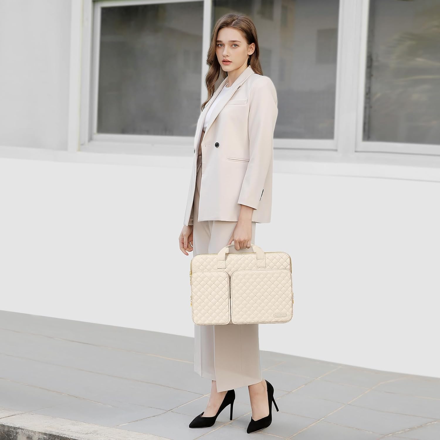 MOSISO 360 Protective Laptop Sleeve Compatible with MacBook Air 13 inch M3 M2 M1 2024-2018/Pro 13 M2 M1 2024-2016,Surface Pro 8/7/6/X/5/4/3, Square Quilted Bag with 2 Pockets&Handle&Belt, Sand iMosiso