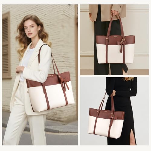 MOSISO Laptop Tote Bag for Women,15.6 inch PU Leather Arc-shaped Pocket Tote Bag&Clutch Purse,Large Capacity Work Handbag with Bowknot,Waterproof Computer Bags Work Briefcase for Business Office,Brown