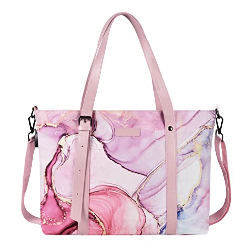 MOSISO USB Port Laptop Tote Bag (17-17.3 inch) with Adjustable Top Handle, Laptop Bag for Women, Polyester Work Travel Office Large Computer Shoulder Handbag Marble MO-MBH216 iMosiso