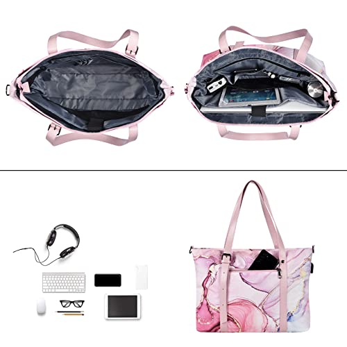 MOSISO USB Port Laptop Tote Bag (17-17.3 inch) with Adjustable Top Handle, Laptop Bag for Women, Polyester Work Travel Office Large Computer Shoulder Handbag Marble MO-MBH216 iMosiso