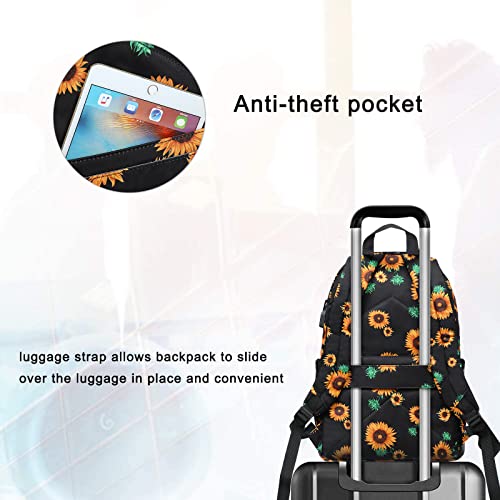 MOSISO 15.6-16 inch Laptop Backpack for Women, Polyester Anti-Theft Stylish Casual Daypack Bag with Luggage Strap & USB Charging Port, Sunflower Travel Business Backpack, Black iMosiso