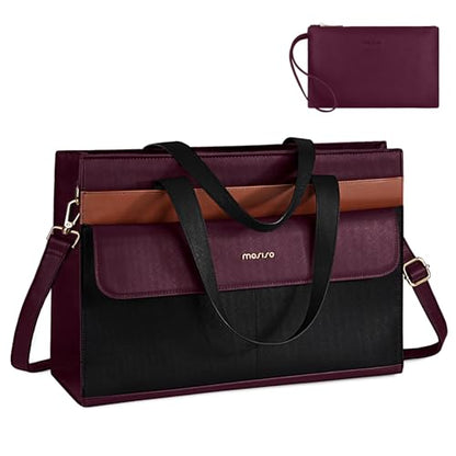 MOSISO Laptop Tote Bag, 15.6 inch PU Leather Tote for Women Professional Handbag with Flapover Pocket&Clutch Purse, Waterproof Shoulder Computer Bag Work Briefcase for Business Office, Plum