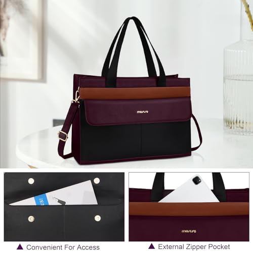 MOSISO Laptop Tote Bag, 15.6 inch PU Leather Tote for Women Professional Handbag with Flapover Pocket&Clutch Purse, Waterproof Shoulder Computer Bag Work Briefcase for Business Office, Plum