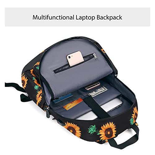 MOSISO 15.6-16 inch Laptop Backpack for Women, Polyester Anti-Theft Stylish Casual Daypack Bag with Luggage Strap & USB Charging Port, Sunflower Travel Business Backpack, Black iMosiso