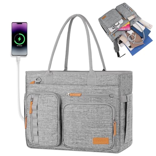 MOSISO USB Charging Port Teacher Tote Bag, 15.6 inch Laptop Bag, Large Capacity Handbag Shoulder Professional Computer Bags Work Briefcase Messenger for Business Teacher Office College Nursing, Gray