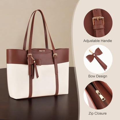 MOSISO Laptop Tote Bag for Women,15.6 inch PU Leather Arc-shaped Pocket Tote Bag&Clutch Purse,Large Capacity Work Handbag with Bowknot,Waterproof Computer Bags Work Briefcase for Business Office,Brown