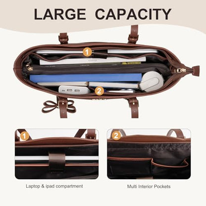 MOSISO Laptop Tote Bag for Women,15.6 inch PU Leather Arc-shaped Pocket Tote Bag&Clutch Purse,Large Capacity Work Handbag with Bowknot,Waterproof Computer Bags Work Briefcase for Business Office,Brown