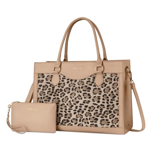 MOSISO Laptop Tote Bag with Large Capacity, 15.6 inch PU Leather Leopard Grain Laptop Bag for Women & Clutch Purse, Waterproof Computer Bags Work Briefcase for Business Teacher Office College, Apricot