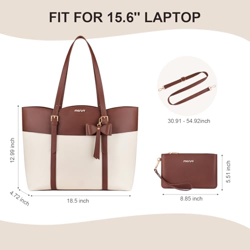 MOSISO Laptop Tote Bag for Women,15.6 inch PU Leather Arc-shaped Pocket Tote Bag&Clutch Purse,Large Capacity Work Handbag with Bowknot,Waterproof Computer Bags Work Briefcase for Business Office,Brown