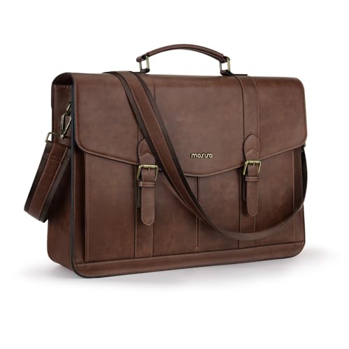 MOSISO Messenger Bag for Men Women, 15.6 inch Vintage PU Leather Laptop Shoulder Briefcase Satchel Bag, 15-16 inch Computer Bag Casual Handbag for Office Work Briefcase Travel Business College, Brown