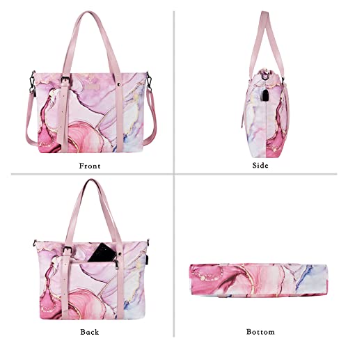 MOSISO USB Port Laptop Tote Bag (17-17.3 inch) with Adjustable Top Handle, Laptop Bag for Women, Polyester Work Travel Office Large Computer Shoulder Handbag Marble MO-MBH216 iMosiso