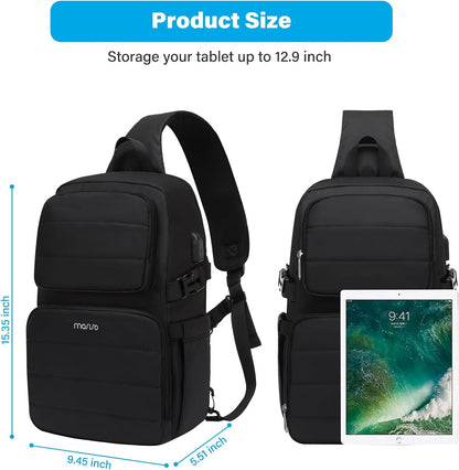 MOSISO Sling Backpack Travel Hiking Daypack for Men Women, Waterproof Crossbody Sling Bag with USB Charging Port & 2 Front Pockets One Shoulder Chest Bag for Outdoor Sports, Black iMosiso