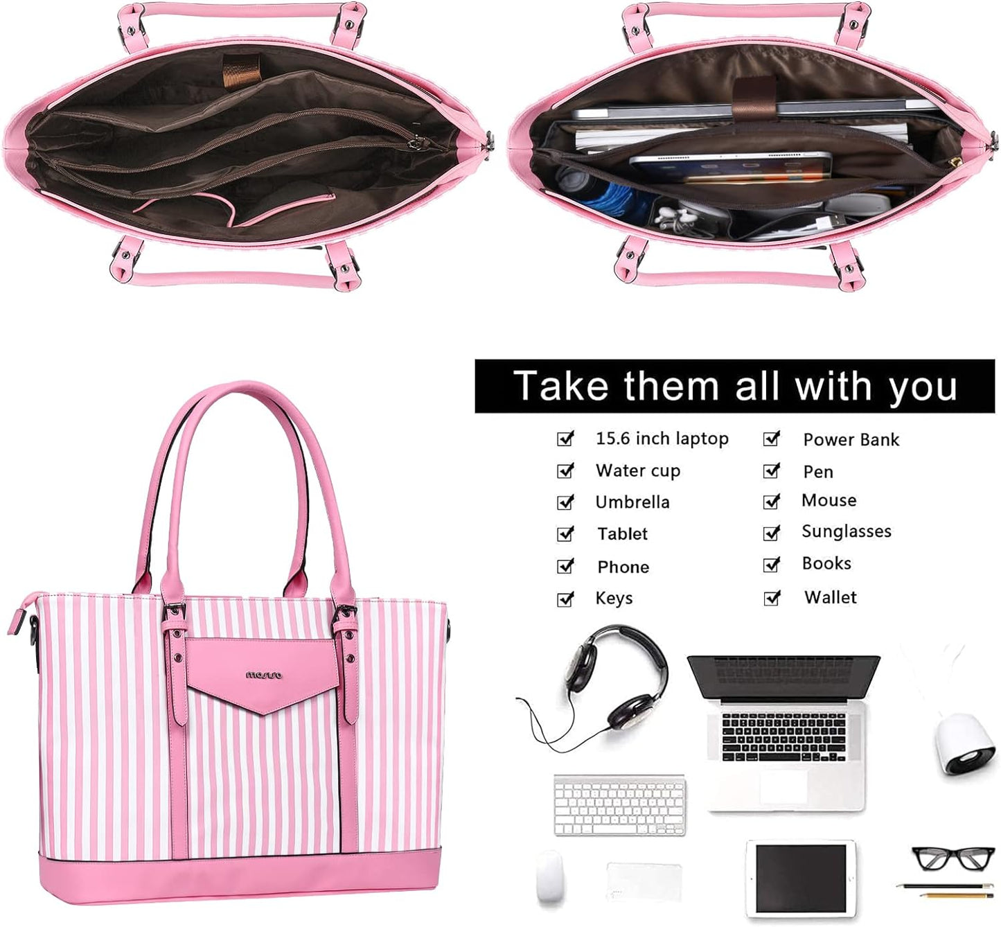 MOSISO Laptop Tote Bag for Women Compatible with MacBook, 17-17.3 inch Notebook and Chromebook, Waterproof Vertical Stripe PU Leather Travel Computer Bag with Envelope Pocket & Small Purse, Pink iMosiso