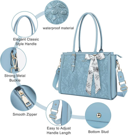 MOSISO Laptop Bag for Women, 15.6-16 inch PU Leathe Tote Bag Compatible with MacBook, HP, Dell, Asus Notebook, Front Embossed Retro Hibiscus Computer Bag with Silk Scarf&Clutch Purse, Air Blue iMosiso