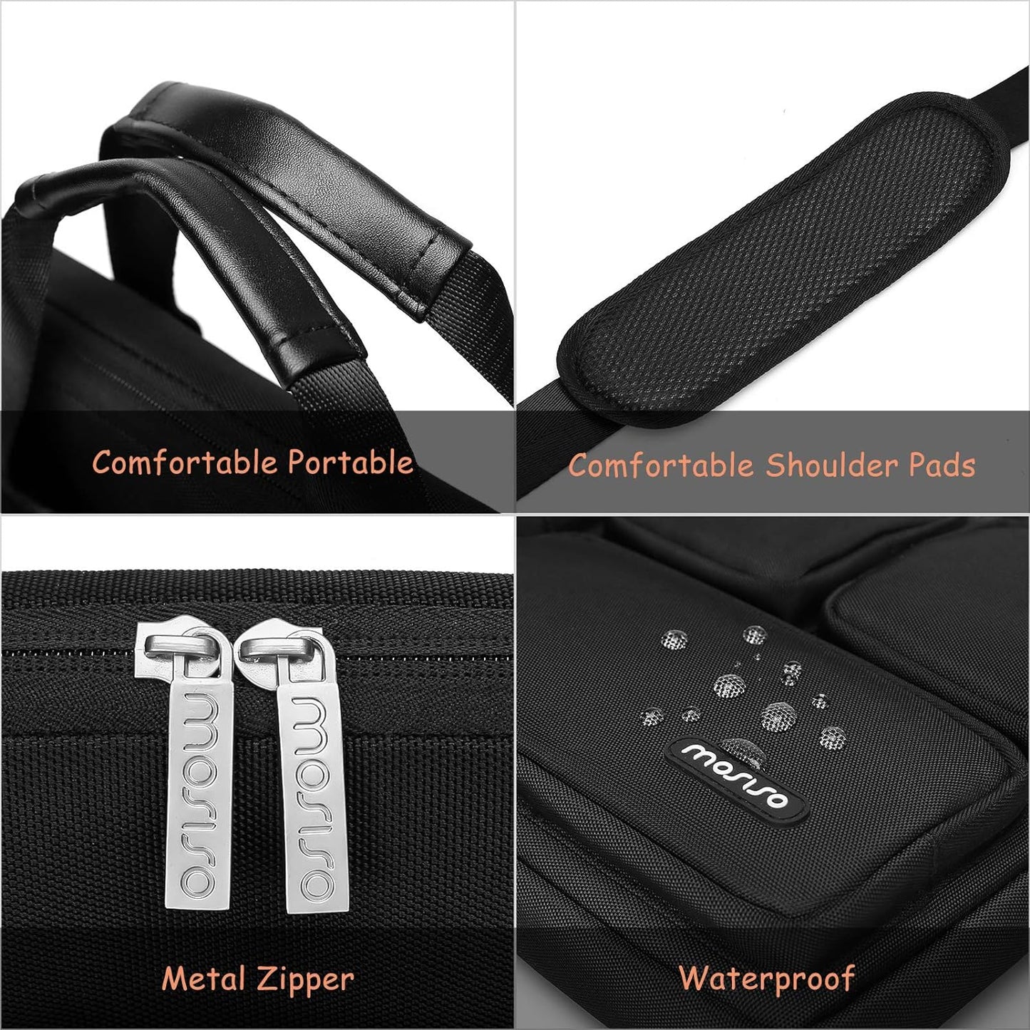 MOSISO Laptop Shoulder Messenger Bag Compatible with MacBook Air/Pro, 13-13.3 inch Notebook, Compatible with MacBook Pro 14 inch, Polyester Briefcase Sleeve with 4 Front Zipper Pockets & Belt,Black iMosiso