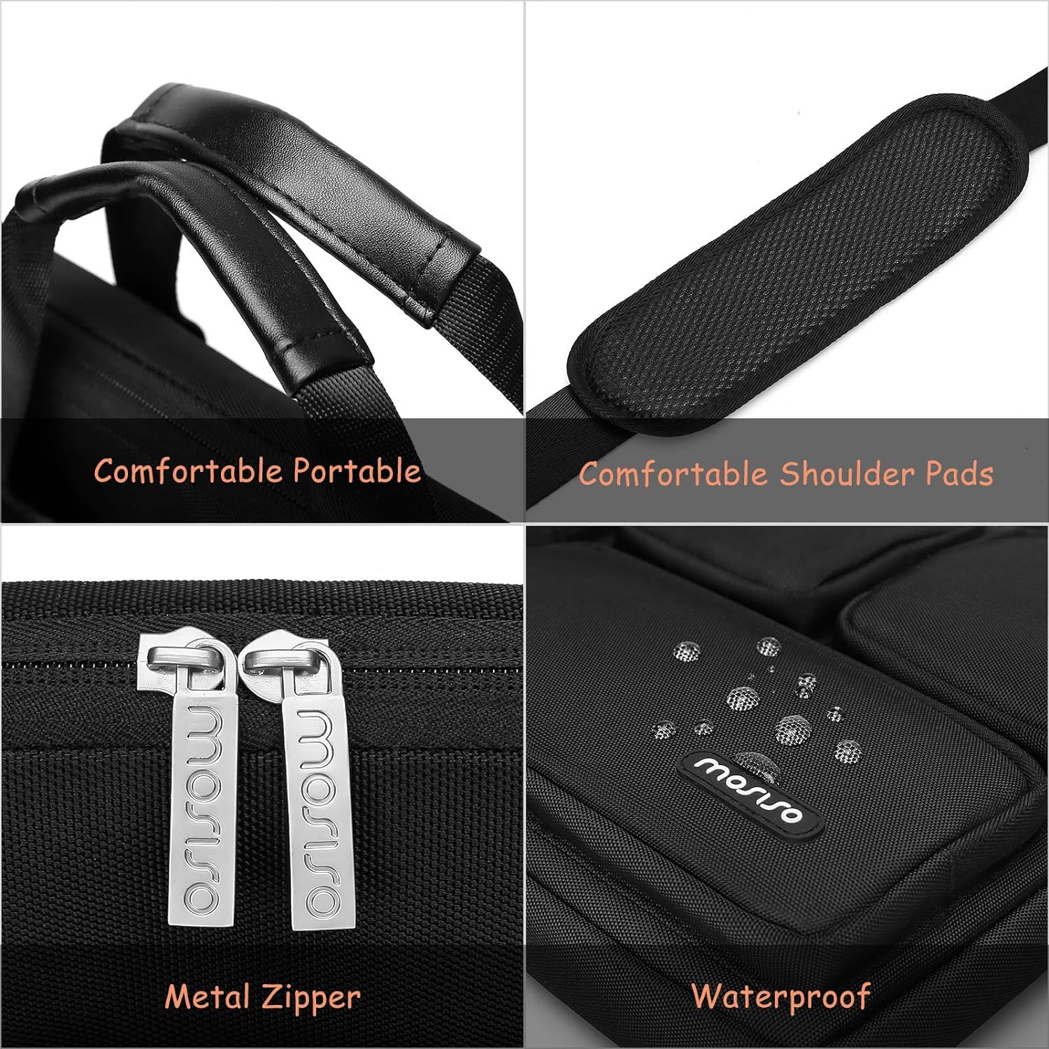 MOSISO Laptop Shoulder Messenger Bag Compatible with MacBook Air/Pro, 13-13.3 inch Notebook, Compatible with MacBook Pro 14 inch, Polyester Briefcase Sleeve with 4 Front Zipper Pockets & Belt,Black iMosiso