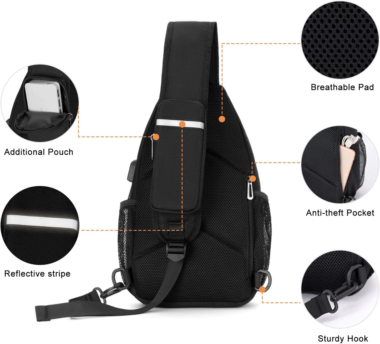 MOSISO Sling Backpack Bag, Crossbody Shoulder Bag Travel Hiking Daypack Chest Bag with Front Square Pocket&USB Charging Port,Black iMosiso