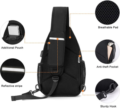 MOSISO Sling Backpack Bag, Crossbody Shoulder Bag Travel Hiking Daypack Chest Bag with Front Square Pocket&USB Charging Port,Black iMosiso