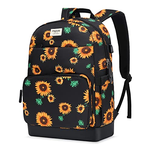 MOSISO 15.6-16 inch Laptop Backpack for Women, Polyester Anti-Theft Stylish Casual Daypack Bag with Luggage Strap & USB Charging Port, Sunflower Travel Business Backpack, Black iMosiso