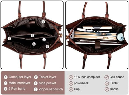 MOSISO Women PU‑Leather 15.6‑Inch Laptop Tote Bag,3‑Multi‑Compartment,Removable‑Adjustable‑Strap & Rivet‑Reinforced‑Base