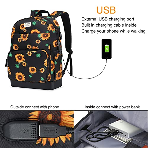 MOSISO 15.6-16 inch Laptop Backpack for Women, Polyester Anti-Theft Stylish Casual Daypack Bag with Luggage Strap & USB Charging Port, Sunflower Travel Business Backpack, Black iMosiso