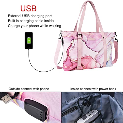 MOSISO USB Port Laptop Tote Bag (17-17.3 inch) with Adjustable Top Handle, Laptop Bag for Women, Polyester Work Travel Office Large Computer Shoulder Handbag Marble MO-MBH216 iMosiso