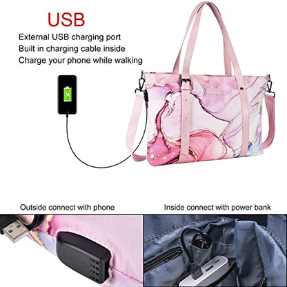 MOSISO USB Port Laptop Tote Bag (17-17.3 inch) with Adjustable Top Handle, Laptop Bag for Women, Polyester Work Travel Office Large Computer Shoulder Handbag Marble MO-MBH216 iMosiso