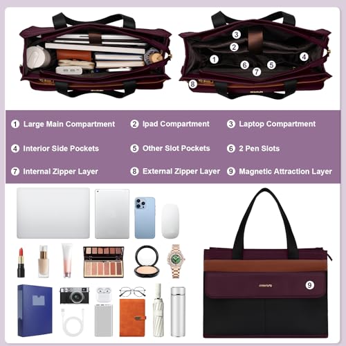 MOSISO Laptop Tote Bag, 15.6 inch PU Leather Tote for Women Professional Handbag with Flapover Pocket&Clutch Purse, Waterproof Shoulder Computer Bag Work Briefcase for Business Office, Plum