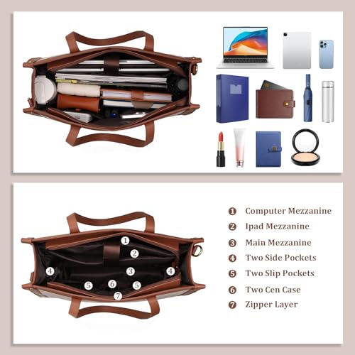 MOSISO Laptop Tote Bag, 15.6 inch PU Leather Women Rhombus Quilted Handbag & Clutch Purse, Waterproof Computer Bag Work Briefcase for Business Office, Brown