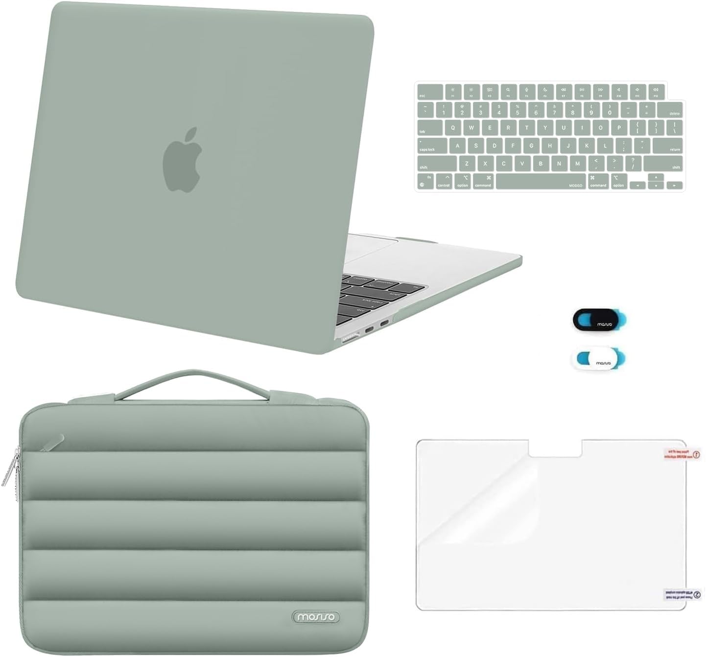 MOSISO Compatible with MacBook Air 13 inch Case M5 2026 M4 2025 M3 M2 2024-2022 A3449 A3240 A3113 A2681, Hard Case&Puffy Bag&Keyboard Cover&Webcam Cover&ScreenFilm for MacBook Air 13.6, Antique Green