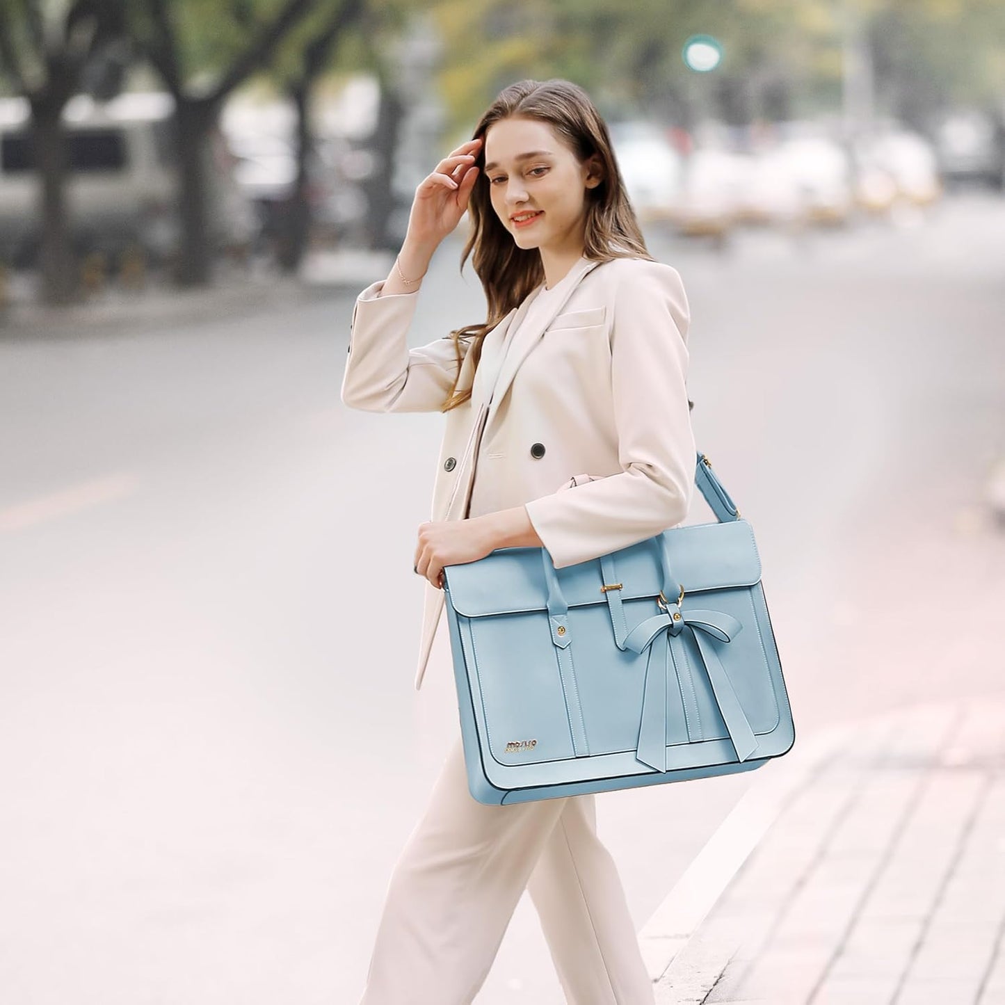 MOSISO Laptop Bag for Women, 13-14 inch, 15-15.6 inch PU Leather Laptop Shoulder Bag Convertible Backpack, 16 inch,PU Leather Laptop Shoulder Bag Convertible Backpack, 13.3 inch Messenger Bag Casual Handbag Work Briefcase Travel Computer Bag with Bowknot