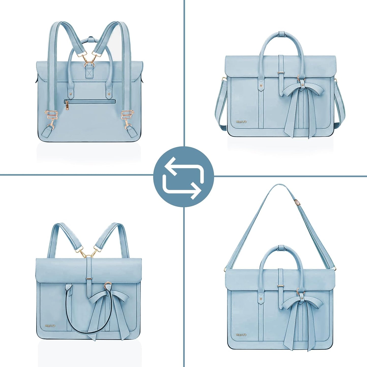 MOSISO Laptop Bag for Women, 13-14 inch, 15-15.6 inch PU Leather Laptop Shoulder Bag Convertible Backpack, 16 inch,PU Leather Laptop Shoulder Bag Convertible Backpack, 13.3 inch Messenger Bag Casual Handbag Work Briefcase Travel Computer Bag with Bowknot
