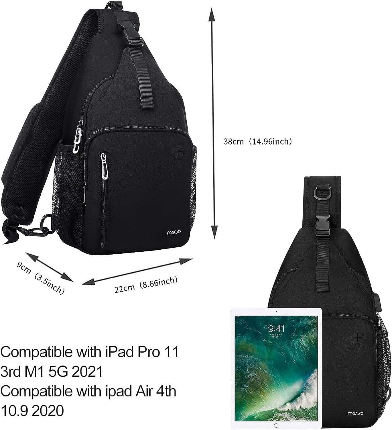MOSISO Sling Backpack Bag, Crossbody Shoulder Bag Travel Hiking Daypack Chest Bag with Front Square Pocket&USB Charging Port,Black iMosiso